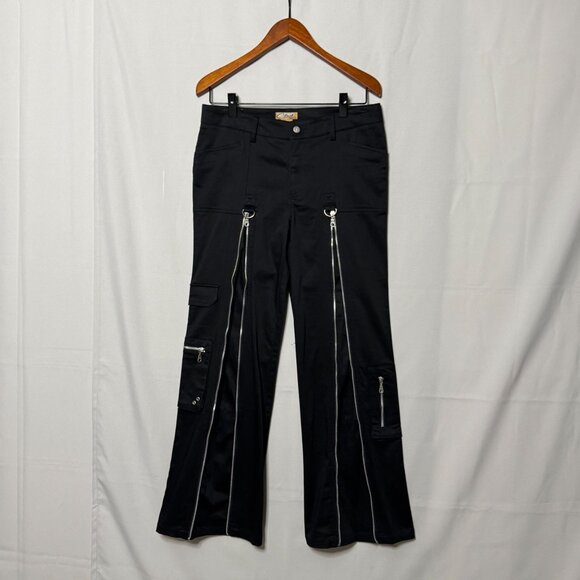 Vintage Y2K Clash Black Mid Rise Cargo Silver Zipper Hardware Flare Leg Pants - Picture 1 of 16